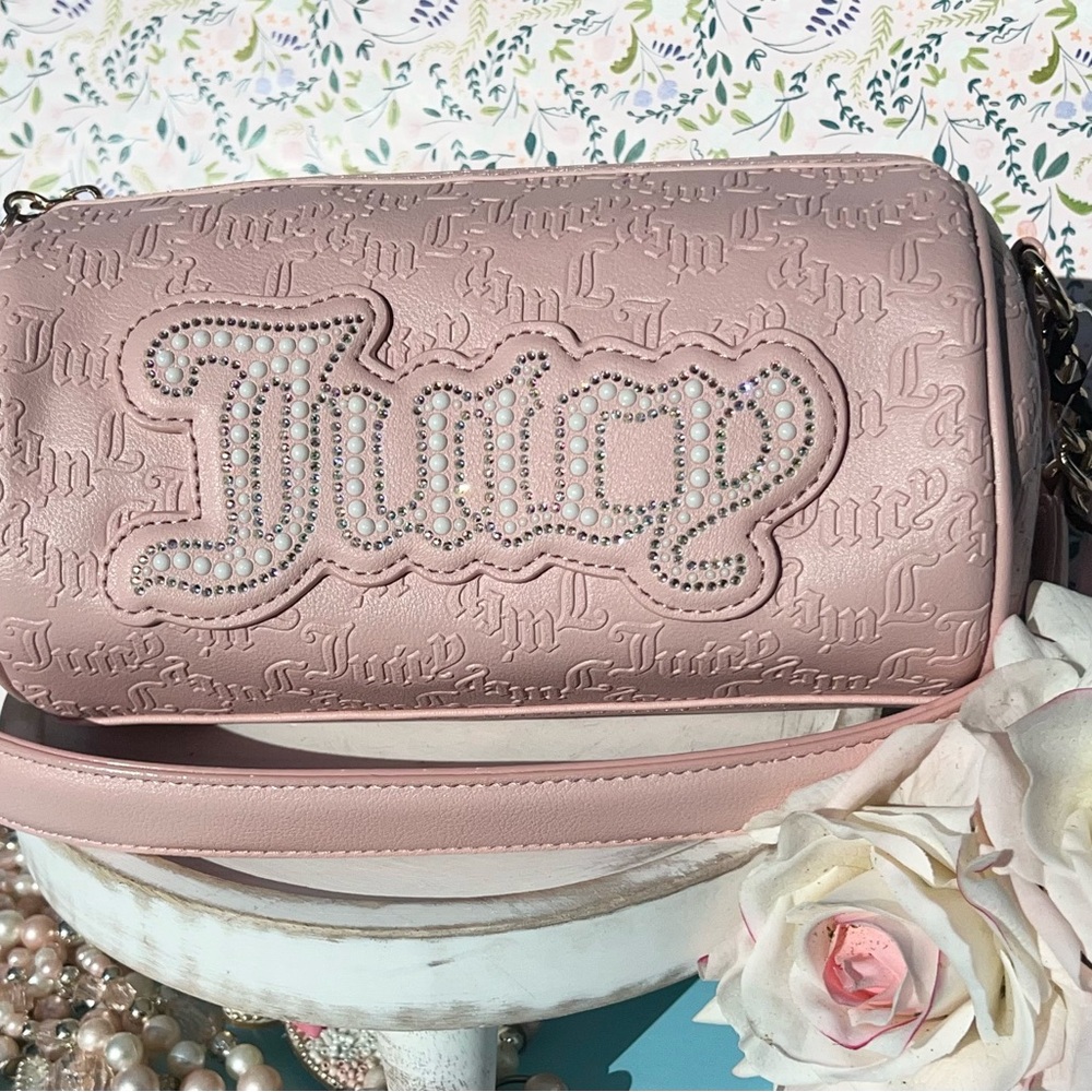 Juicy Couture String of Pearls Roll Bag Pink Diamond with Faux Pearl Accents